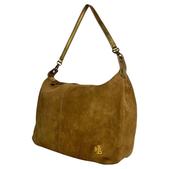 Lauren Ralph Lauren LRL Suede Hobo Bag Medium Large Tan Metallic Gold Leather